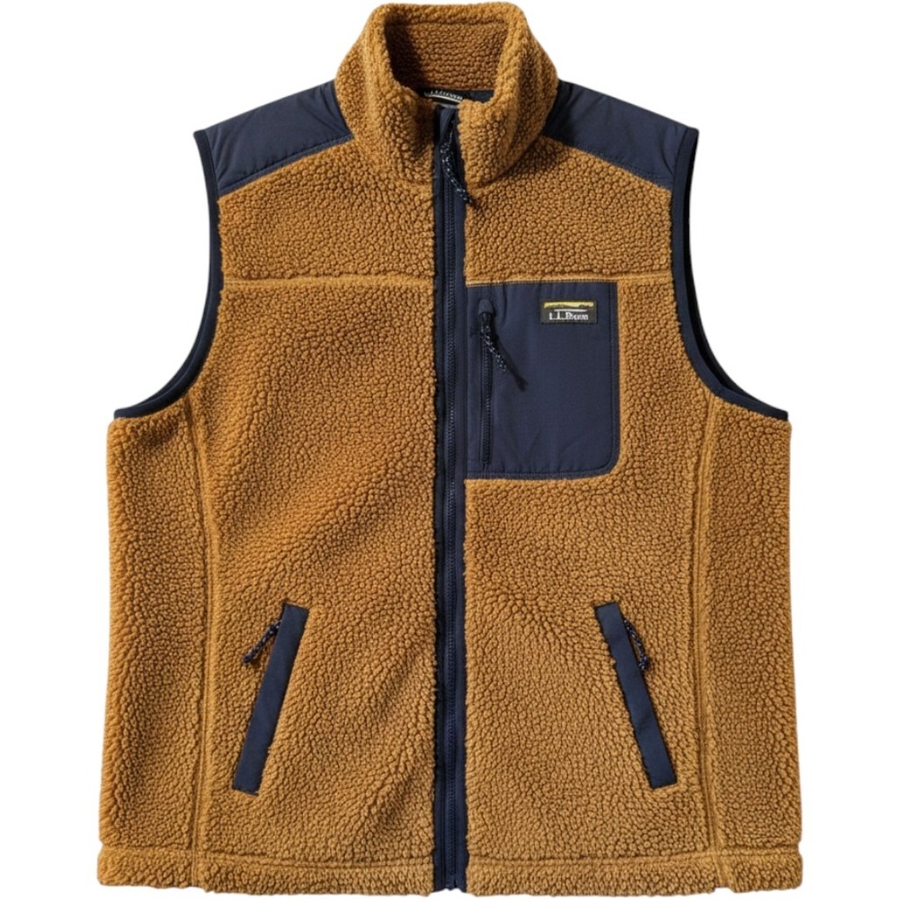 LL Bean Mountain Pile Fleece Vest XL Brown Navy Blue Sherpa Full Zip Gorpcore